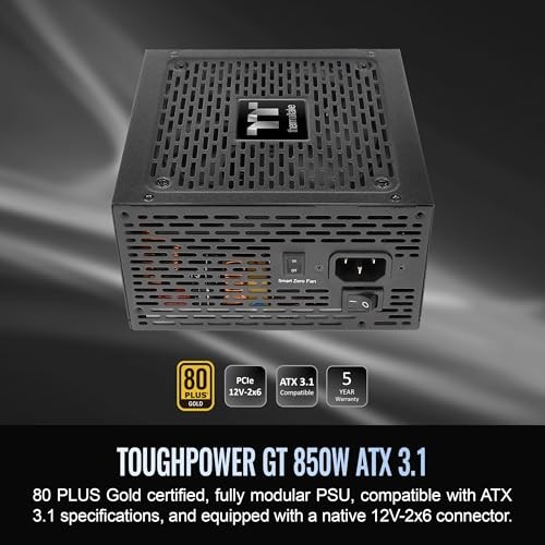 Thermaltake Toughpower GT 850W ATX 3.1 Standard Power Supply 80 Plus Gold Efficiency Smart Zero Fan Native 450W PCIe 5.1 Connector PS-TPT-0850FNFAGU-3