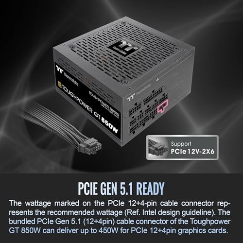 Thermaltake Toughpower GT 850W ATX 3.1 Standard Power Supply 80 Plus Gold Efficiency Smart Zero Fan Native 450W PCIe 5.1 Connector PS-TPT-0850FNFAGU-3