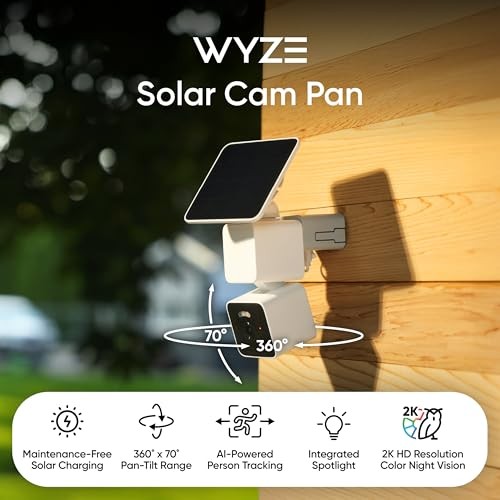 WYZE Solar Cam Pan (Flagship Model), AI Security Cameras Wireless Outdoor, Battery Powered Cameras for Home Security, 2K Crystal-Clear, Enhanced Color