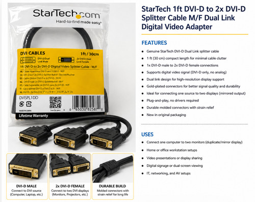 Cable:DVI-D Splitter Cable M/F DVI-D to 2X DVI-D Dual Video