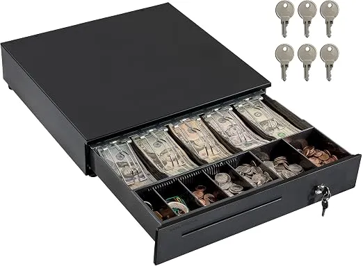 Kassalade Volcora 47x16.5x49.5cm Register Drawer for Point of Sale (POS) System, 5 Bill/7 Coin, 16" with Adjustable Coin Slots, 12-24V, RJ11/RJ12 Key-Lock, Media Slot, Black