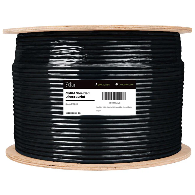 [NET-010QD] True Cable Cat6a Direct Burial Bulk Ethernet Cable 1000ft black waterproof Outdoor 23AWG